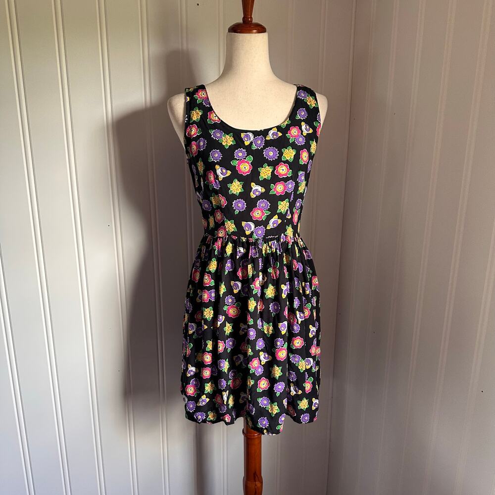 Vintage 90s Black Floral Mini Dress S